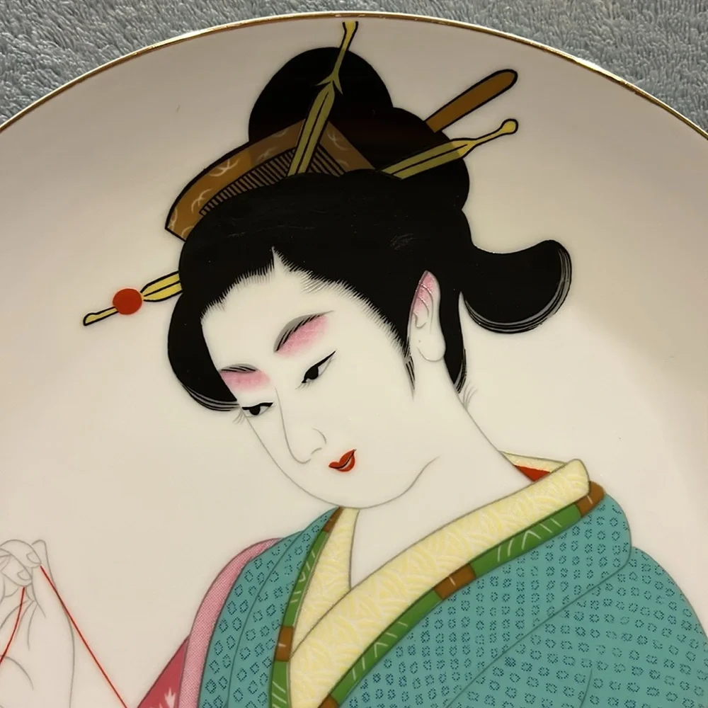 Vintage Geisha Girl Wall Plate Hand Painted Teal Pink Kimono Artist Signed